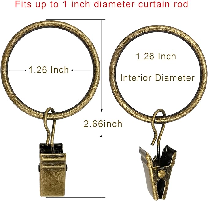 40 Pack Curtain Rings with Clips, Curtain Clip Rings Hooks, Bow Hanger Clips for Hanging Drapery Drapes Bows, Ring 1.26 inch Interior Diameter, Fits up to 1" Rod, Bronze
