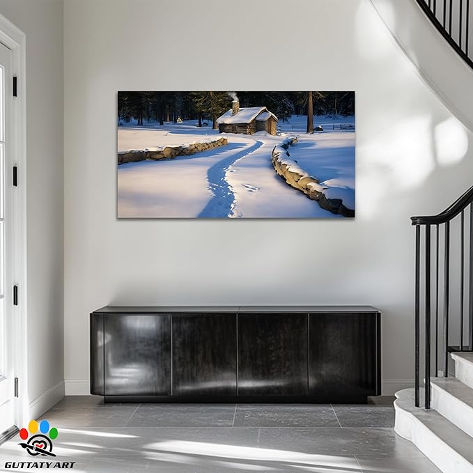 GUTTATY Christmas Winter Scene Canvas Wall Art, Snowy Cabin Pictures, Peaceful Winter Landscape Canvas Painting, Cozy Nature Wall Decor for Living Room, Bedroom, Offices, 60x30 Inch