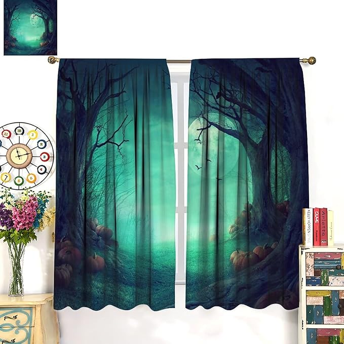 Gothic Mushroom Blackout Window Curtains, Misty Dark Black Forest Moon Halloween Window Drapes, for Living Room Bedroom 21(W)*45(L) 2 Panels