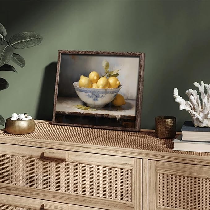 XOCUUI Farmhouse Still Life Picture Living Room Warm Moody Muted Yellow Lemon Oil Painting Art Deco Wall Art For Kitchen Rustic Vintage Decor For Bedroom Antique French Poster 8 X 10 Unframe