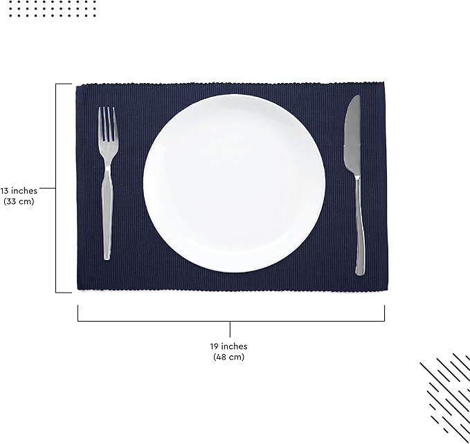 Encasa XO Dining Placemat Set of 6 | Solid Solid Navy Blue Color | Fine Ribbed Cotton Table mat | Size 19x13 in |for Dining Table Fall Decoration, Holiday & Christmas Festivals - Machine Washable