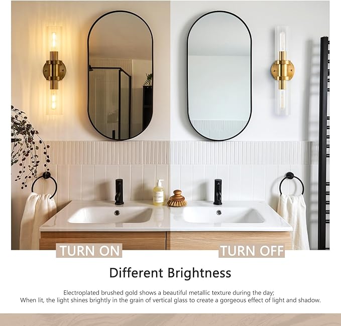 Gold Wall Sconces Set of Two, 17.5 inch Brushed Gold Vanity Light with Stripped Glass Shade, Indoor Wall Lights for Mirror, Bathroom, Kitchen, Living Room（2 Pack）