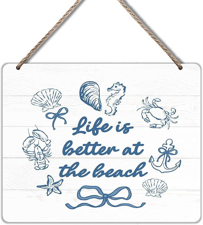 Udinaz Preppy Beach Hanging Sign, Coastal Beachy Wall Decor, Coquette Blue Bow Seashell Life Is Better at the Beach Hanging Wood Plaque Decor for Home Girls Bedroom Room Dorm Wall Door Decorations
