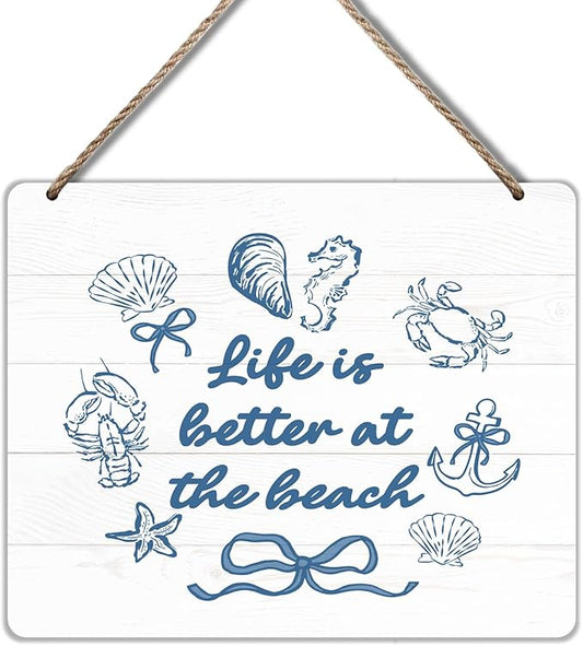 Udinaz Preppy Beach Hanging Sign, Coastal Beachy Wall Decor, Coquette Blue Bow Seashell Life Is Better at the Beach Hanging Wood Plaque Decor for Home Girls Bedroom Room Dorm Wall Door Decorations