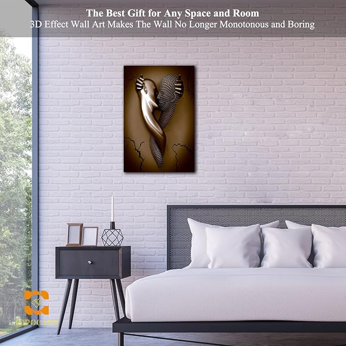 3D Metal Effect Wall Art - 3D Metal Art Wall, Modern Abstract Hug Lovers Painting Picture Poster Prints for Bathroom, Romantic Couple Living Room Canvas Wall Art Framed 12”x18”x1Pcs