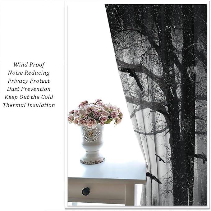 Gothic Forest Blackout Curtains, Foggy Forest Dead Trees Crow Halloween Style Black White Scary Print Window Treatments, for Bedroom Living Room 31.5(W)*72(L) 2 Panels