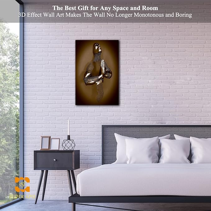 3D Wall Art Decor Artwork - 3D Metal Effect Wall Art Merged Hands for Modern Wall Art, Large Wall Art for Bedroom Dercorations Framed 12”x18”x1Pcs