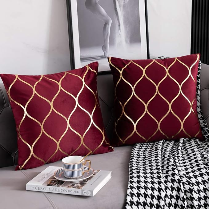 Gold Velvet Throw Pillow Covers: 2 Pack 24x24 Inch Square Decorative Pillow Cases for Bedroom Sofa Couch Living Room, Christmas Burgundy Red