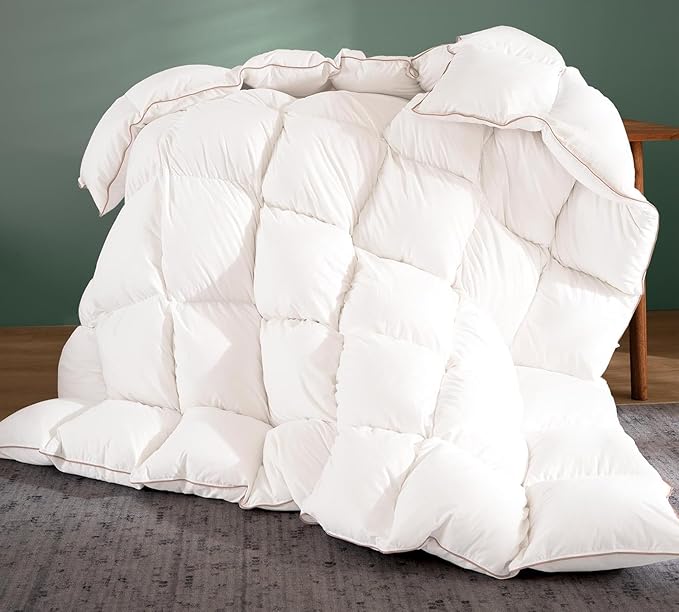 Down Fiber Comforter Oversized King Size – All Season Fluffy White Duvet Insert, Lightweight Warm Feather Bedding, Soft 100% Cotton Cover, 116 x 98 Inch