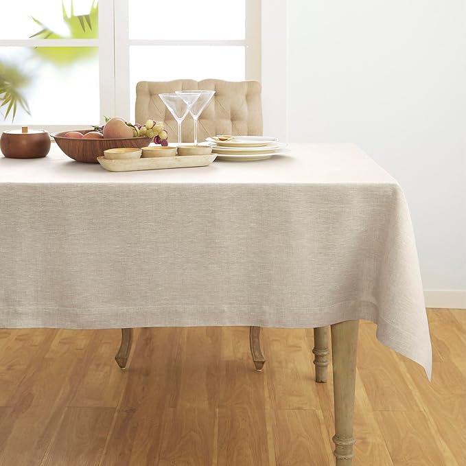 Solino Home Light Natural Linen Tablecloth 52 x 52 Inch - 100% Pure Linen Square Table Throw - Athena, Machine Washable Tablecloth for Fall, Autumn, Thanksgiving, Holiday