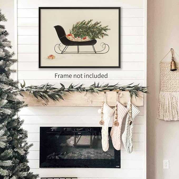 Winter Holiday Sleigh Canvas Wall Art Vintage Christmas Tree Poster Retro Botanical Pine Tree Sketch Painting Prints for Living Room Bedroom Wall Decor 12x16 inch Unframed