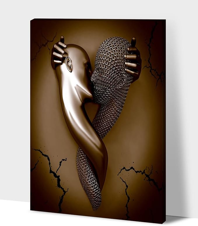 3D Metal Effect Wall Art - 3D Metal Art Wall, Modern Abstract Hug Lovers Painting Picture Poster Prints for Bathroom, Romantic Couple Living Room Canvas Wall Art Framed 28”x40”x1Pcs