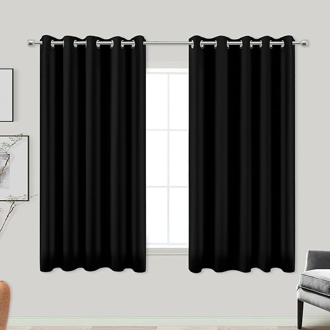 KOUFALL Halloween Curtains for Kitchen Bathroom,Short Sleep Out Blackout Drapes for Windows Over Sink,60x48 Inch Long,Black