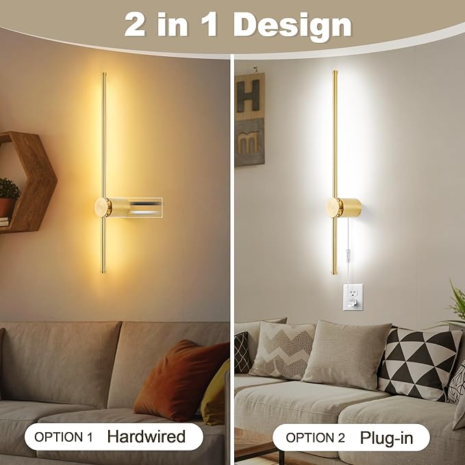 Wall Sconces Set of Two with Remote, Stepless Colors 3000K-6500K & Stepless Dimming, Hardwire or Plug-in, 180° Rotate, LED Gold Plug in Wall Sconces with Timer & Night Light, 23.6 Inches