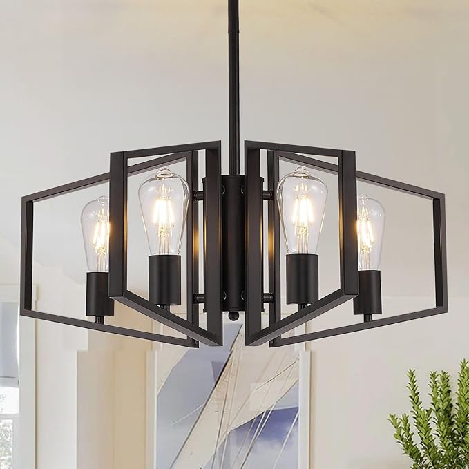WJShome Black Chandelier, 4-Light Farmhouse Dining Room Light Fixture/Chandelier Over Table, Geometric Pendant Lights Kitchen Island, for Entryway, Foyer, Hallway