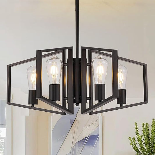 WJShome Black Chandelier, 4-Light Farmhouse Dining Room Light Fixture/Chandelier Over Table, Geometric Pendant Lights Kitchen Island, for Entryway, Foyer, Hallway