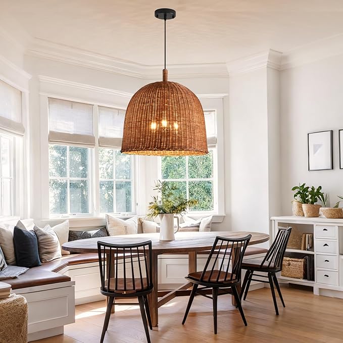 16.9" Rattan Pendant Light Fixtures, 3-Lights Boho Chandelier Hand Woven Pendant Light Farmhouse Hanging Light for Living Room Kitchen Island Dining Room Hallway