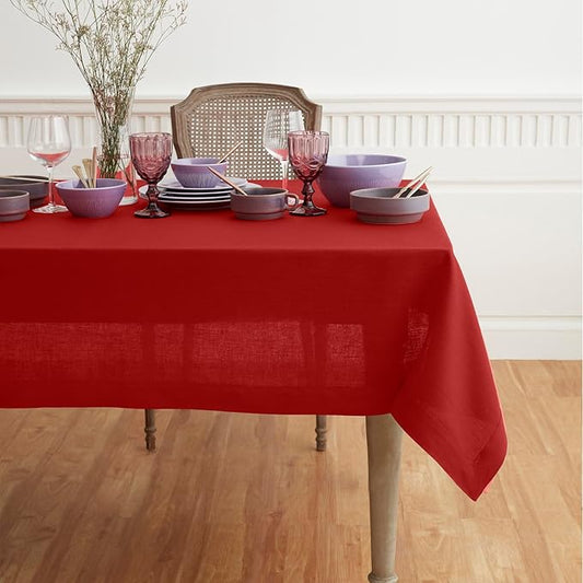 Solino Home Linen Red Tablecloth 60 x 84 Inch - 100% Pure Linen Rectangular Tablecloth - Machine Washable Table Cloth for Christmas, Holiday, Winter - Fete