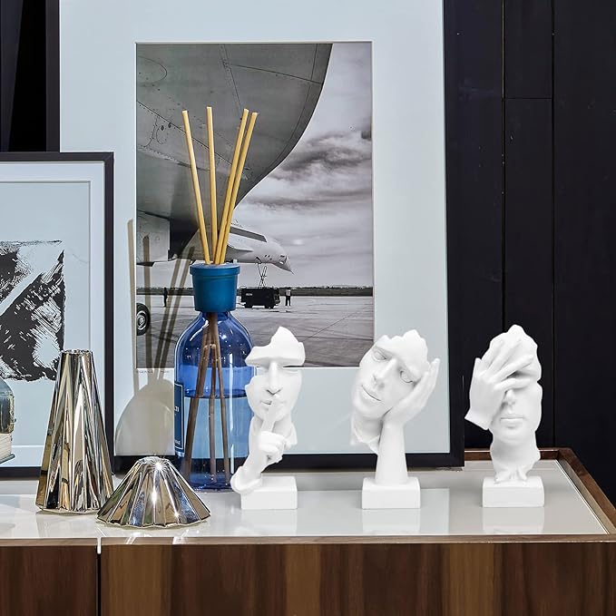 3 Pcs Thinker Statue, Silence is Gold Abstract Art Figurine, No Hear No See No Speak Modern Home Resin Sculptures Decorative Objects Decor for Home Office Bookshelf Desktop(White), A-41