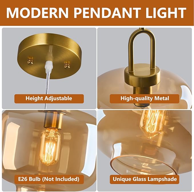 Cognac Glass Pendant Lights Kitchen Island Gold Pendant Light Fixtures Adjustable Height Modern Pendant Lighting for Bedroom Dining Room (9.06 in 1-Pack)