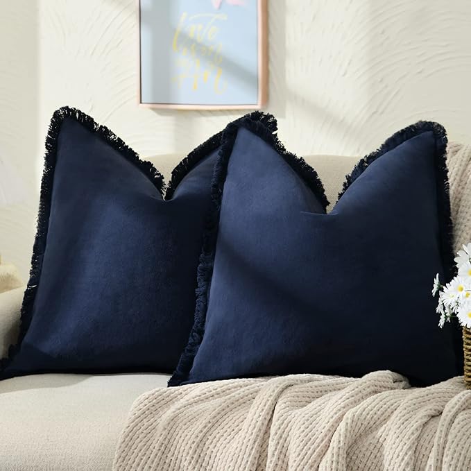ZWJD Pillow Covers 16x16 Set of 2 Navy Throw Pillow Covers with Fringe Chic Cotton Decorative Pillows Square Cushion Covers for Sofa Couch Bed Living Room Farmhouse Boho Decor