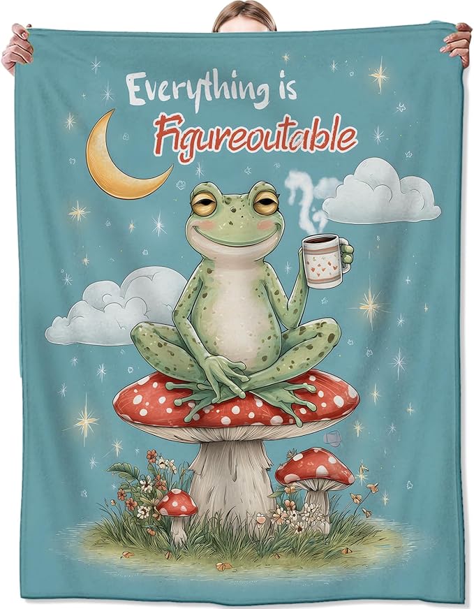 Funny Cartoon Frog Blanket,Playful Gifts for Animal Lovers,Soft Lightweight Throw Blankets,Whimsical Mushroom and Moon on Blue Throws Home Decor,for Camping Living Room Office,60x50inch