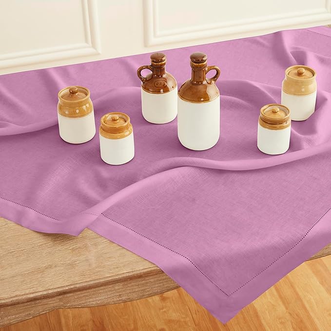 Solino Home Linen Tablecloth 52 x 52 Inch - 100% Pure Linen Violet Square Tablecloth - Classic Hemstitch, Machine Washable Table Throw