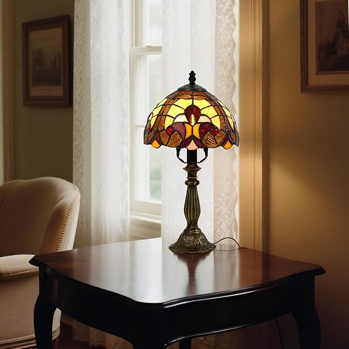 Tiffany Style Table Lamp - 8 Inch Baroque Stained Glass Lamp Vintage Desk Lamps with LED Bulb, Lamps for Night Stands Desk Light for Bedroom Living Room Home Office Ideal Gifts for Family Friends