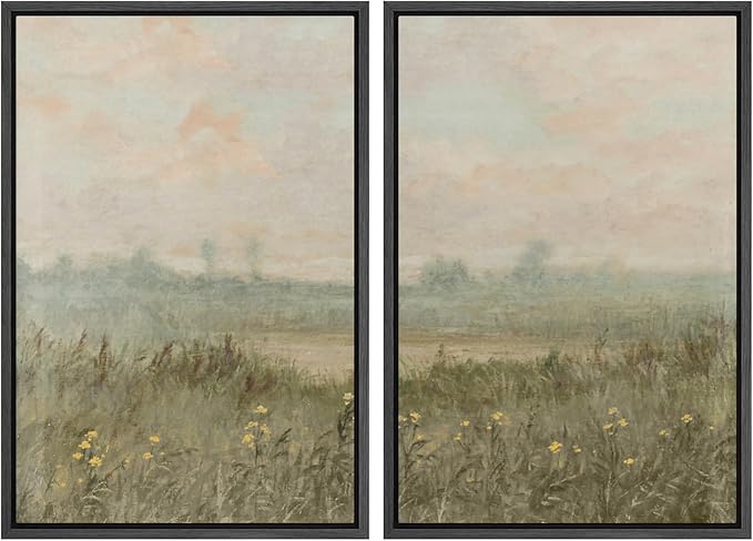 SIGNWIN Framed Wall Art Print Set Serene Meadow at Dawn Soft Impressionist Landscape Illustrations Minimal Decorative Nordic Zen Bohemian for Living Room, Bedroom, Office - 16"x24"x2 Black