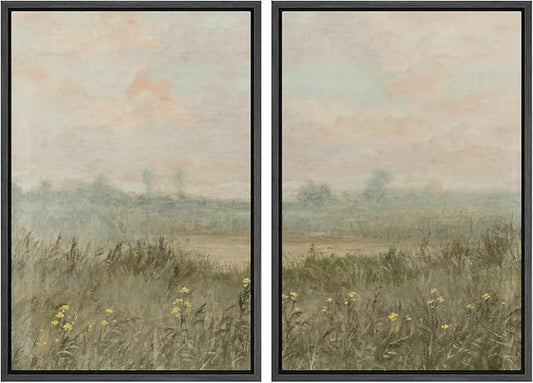 SIGNWIN Framed Wall Art Print Set Serene Meadow at Dawn Soft Impressionist Landscape Illustrations Minimal Decorative Nordic Zen Bohemian for Living Room, Bedroom, Office - 16"x24"x2 Black