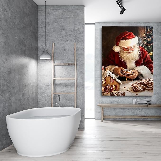 Christmas Gingerbread House and Santa Wall Art Print,Vintage Cozy Christmas Kitchen Wall Paintings for Kitchen Home Decor