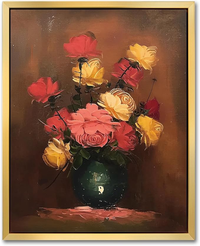 AIMAILON Vintage Gold Canvas Wall Art Framed Decor for Living Room Kitchen Classical Still Life Three Color Rose Artwork Warm Moody Botanical Aesthetic Picture Home Decoration 8x10