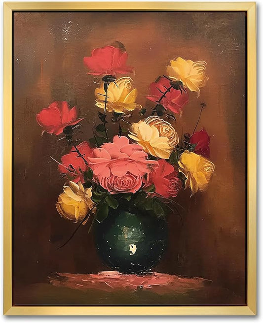 AIMAILON Vintage Gold Canvas Wall Art Framed Decor for Living Room Kitchen Classical Still Life Three Color Rose Artwork Warm Moody Botanical Aesthetic Picture Home Decoration 8x10