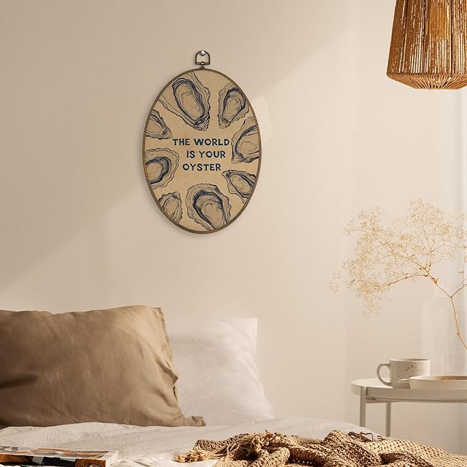 XBBMGG Vintage Oyster Wall Art Decor, Retro Beach Oval Wall Hanging Decor, Nautical Ocean The World Is Your Oyster Framed Canvas Prints for Living Room Bathroom Decorations, 8.6 x 11.4 inch