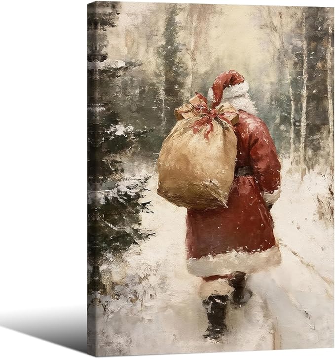 Santa Claus in Winter Forest Poster Vintage Christmas Holiday Canvas Wall Art 24x36 inch Framed Cozy Nature Christmas Tree Oil Painting Prints for Cottagecore Bedroom Wall Decor