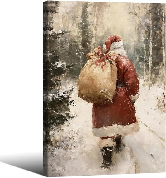 Santa Claus in Winter Forest Poster Vintage Christmas Holiday Canvas Wall Art 24x36 inch Framed Cozy Nature Christmas Tree Oil Painting Prints for Cottagecore Bedroom Wall Decor