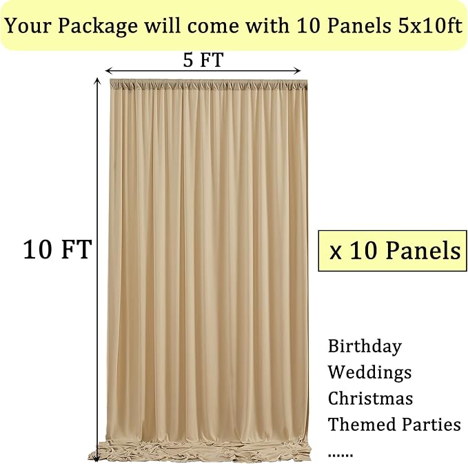 50ftx10ft Wrinkle Free Beige Backdrop Curtains for Parties, 10 Panels 5x10ft Thick Polyester Backdrop Drapse for Weddings Birthday Photography Background Curtains