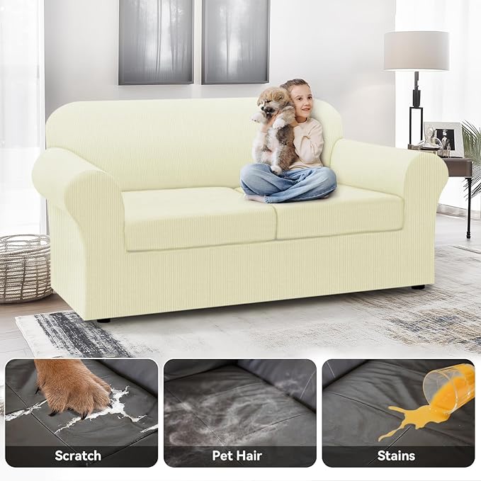 100% WaterproofCouch Cover 3-Piece Set Striped Sofa Slipcovers for 2 Cushion Couch Sofa Covers with TPU Leakproof Bottom Stretch Couch Protector Pet Proof - Sofa(2-Cushion), Beige