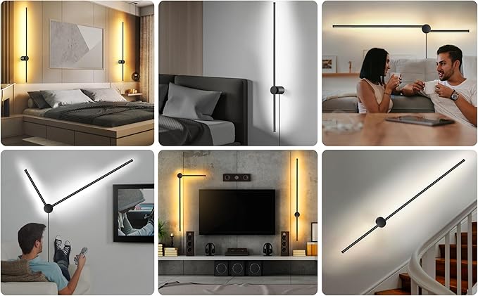 Wall Sconces Set of Two with Remote, Stepless Colors 3000K-6500K & Stepless Dimming, Hardwire or Plug-in, 180° Rotate, LED Black Plug in Wall Sconces with Timer & Night Light, 39.4 Inches
