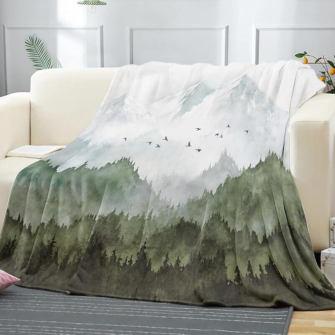 Neasow Watercolor Mountain Forest Fleece Throw Blanket, Nature Misty Foggy Sage Green Tree Landscape Art Nap Blankets Gift Sofa Bed Couch Chair or Dorm Throws 40×50 inches