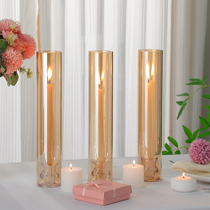 12 Set Christmas Glass Hurricane Candle Holders 12.6" Open Ended Glass Candleholder Tube Shape Bottomless and 2.2" Taper Clear Candlestick Holders for Wedding Party Table Centerpiece (Amber)