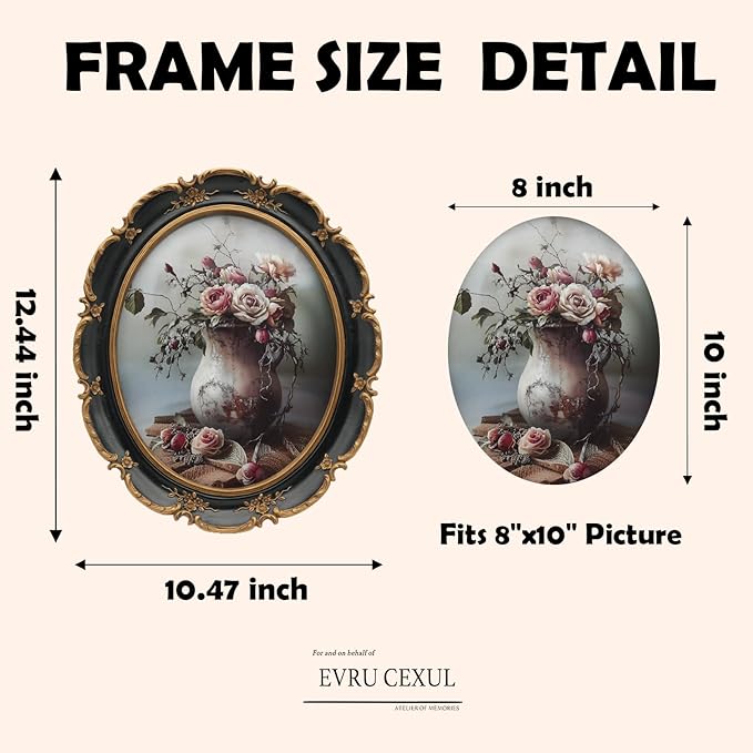 Oval Frame 8x10 - Black Gold Vintage Picture Frames 8x10, Antique Ornate Frames 8 X 10 With Glass Front For Tabletop Photo Display And Wall Hanging, Golden Frame 8 By 10