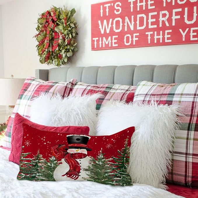 Christmas Pillow Cover 12X20 Colorlife Snowman Tree Snowflake Lumbar Pillow Cover Decorations Throw Pillow Covers Farmhouse Pillows Decorative for Sofa Winter Home Decor