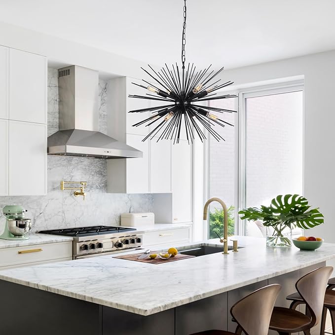 24.21" Black Sputnik Chandelier Vintage Geometric Starburst Chandelier Light Fixture Modern Solid Metal Firework Chandeliers for Dining Room, Kitchen Island, Bedroom, Living Room, E12