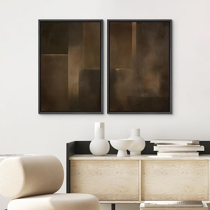SIGNWIN Framed Canvas Print Wall Art Set Bronze Shadow Geometry Abstract Brown and Gold Gradient Zen Bohemian for Living Room, Bedroom, Office - 24"x36"x2 BLACK