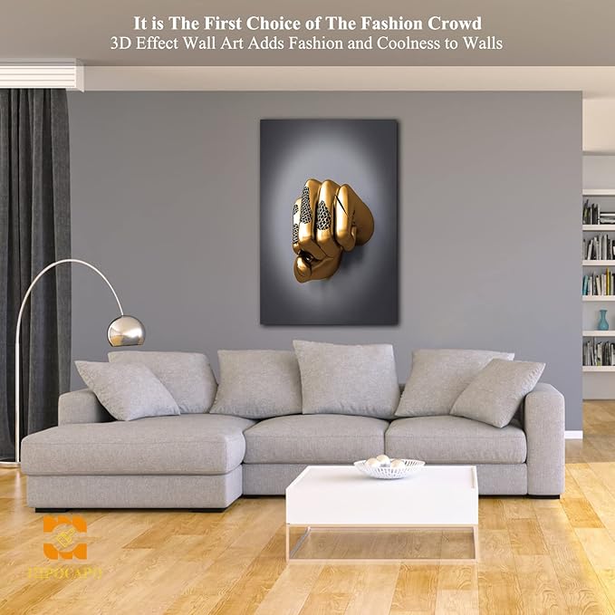3D Wall Art - Abstract 3D Metal Effect Canvas Wall Art, 3D Modern Large Wall Art for Office, Golden Boxer Gesture 3D Art Wall Decor for Modern Bedroom Decor Framed 24”x36”x1Pcs