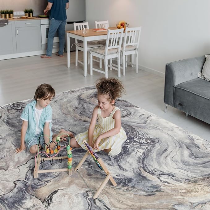 5x7 Area Rugs for Living Room, Modern Abstract Rug for Bedroom, Cream and Grey Machine Washable Rug, Large Stain Resistant Carpet for Dining Room Playroom Home Office, Pet & Kids Friendly