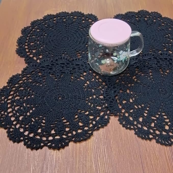 PHANTOMON Crochet Doilies Handmade Round Cotton Lace Table Placemats Knitted Tablecloth, Star Pattern Rippled Edge, Pack of 4 (10 Inch, Black)