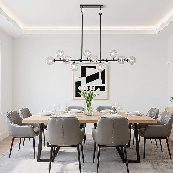 50 Inch Large Sputnik Globe Chandelier, 12-Light Mid Century Modern Light Fixture Over Table, Black Linear Chandeliers for Dining Room Kitchen Island Living (Clear Glass Bubble Shades)