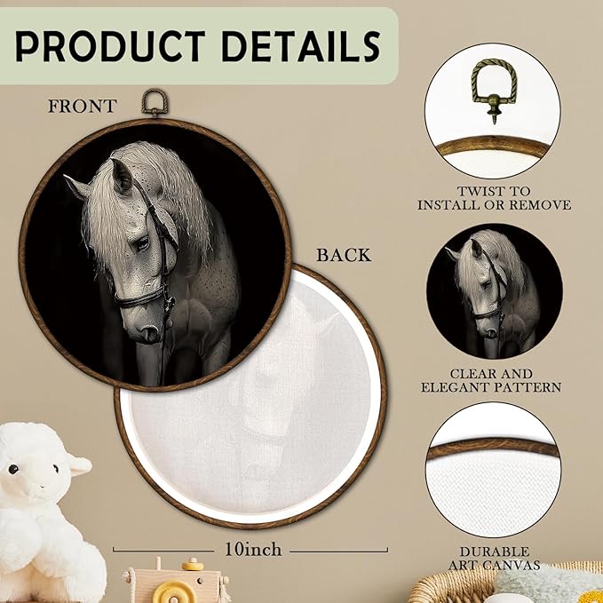 cvjutf Dark Academia White Horse Wall Art Decor Framed, Horse Lover Gifts, Vintage Equestrian Horses Picture Round Wall Room Decor, Farmhouse Cottagecore Canvas Prints Art for Home Living Room,10x10